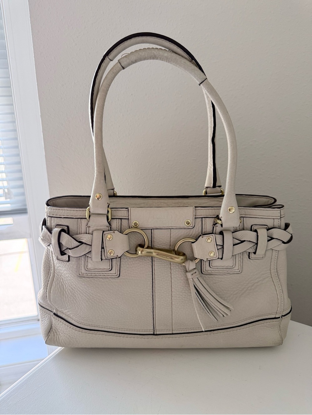 COACH | Off White Hampton Pebbled Leather Braided Satchel Tassel Bag J0693-10528